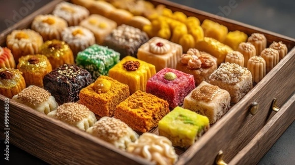 Fototapeta Indian sweet box kept on table, side view revealing an assortment of traditional treats, symbolizing celebration and sharing, perfect for Diwali festivities, Diwali, sweet box, Indian sweets