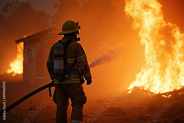 Fototapeta fireman with protective outfit and hose working at fire event, generative AI