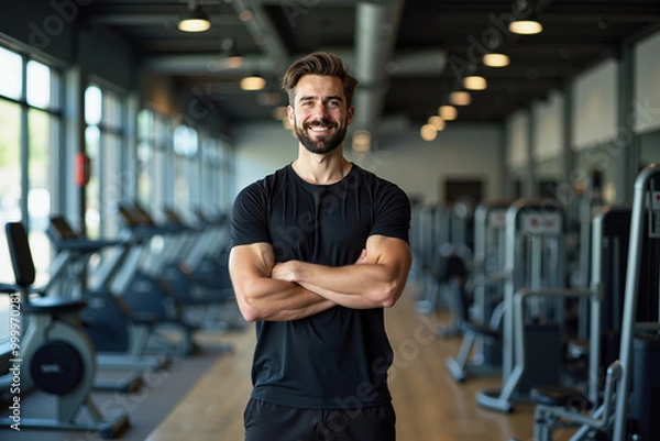 Fototapeta person professional body trainer smile and standing at gym, generative AI