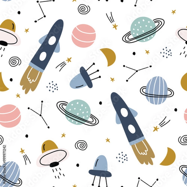 Obraz A whimsical, colorful pattern featuring rockets, planets, stars, and UFOs against a white background, ideal for space-themed designs.