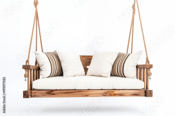 Obraz white swing sofa with no embellishments, suspended by thin, nearly invisible metal chains. The background is a blank white space, with the focus entirely on elegant simplicity of  sofa’s clean lines