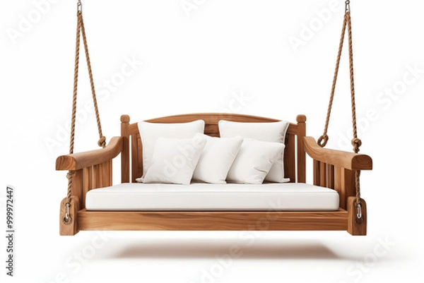 Fototapeta white swing sofa with no embellishments, suspended by thin, nearly invisible metal chains. The background is a blank white space, with the focus entirely on elegant simplicity of  sofa’s clean lines