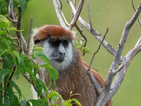 Fototapeta Patas monkey sitting on a tree branch in the savannah of murchison falls national park in Uganda