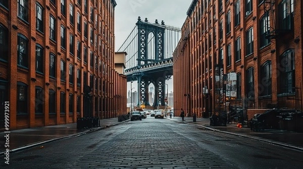 Fototapeta Manhattan Bridge in New York City, view from the street between brick buildings, New York City, Architectural photography.