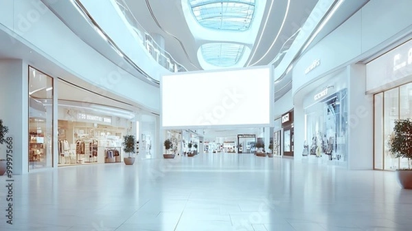 Fototapeta A blank white billboard mockup inside a modern shopping mall, with sleek architectural elements and bright lighting.