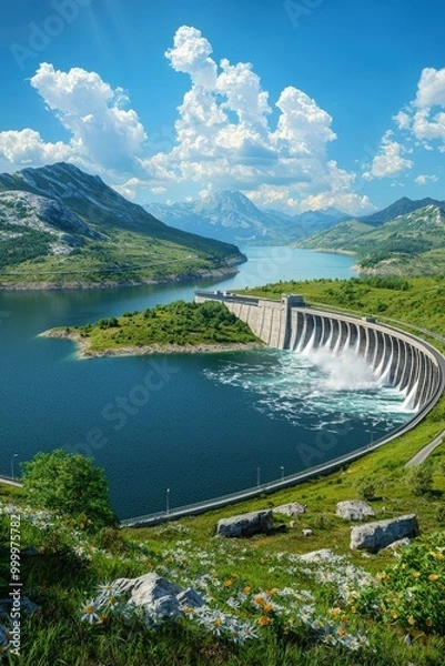 Fototapeta This stunning image captures a dam nestled in lush greenery, surrounded by breathtaking mountains and a serene lake under a vibrant blue sky. 