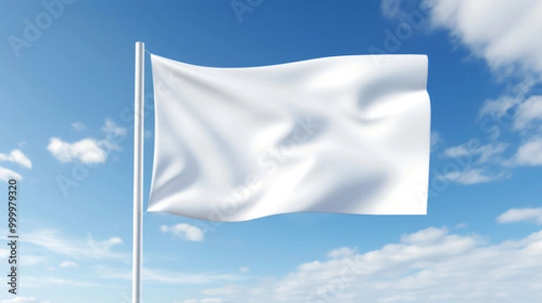 Fototapeta Blank white flag waving in the wind against a clear bkue cloudy sky. Mockup template