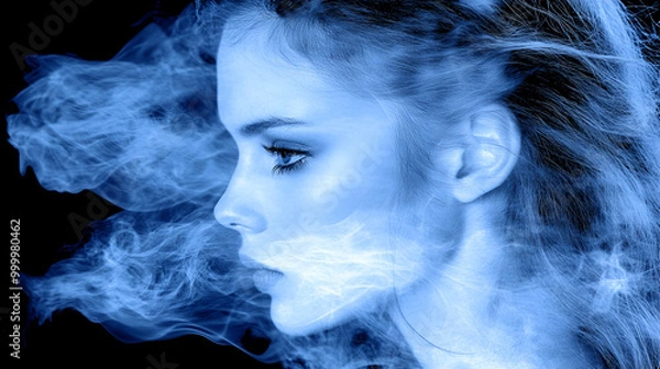 Fototapeta A profile view of a young woman with flowing hair surrounded by swirling blue smoke against a dark background