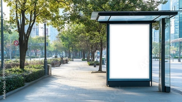 Fototapeta A blank white poster on the side of a bus stop shelter, with a clean glass structure and surrounding city streets in the background.