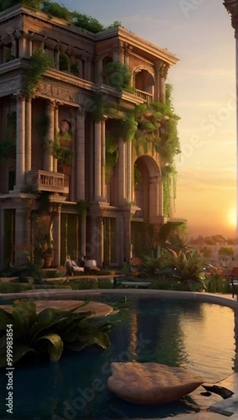 Fototapeta The Hanging Gardens of Babylon at down. The gardens were one of the Seven Wonders of the Ancient World listed by Hellenic culture.