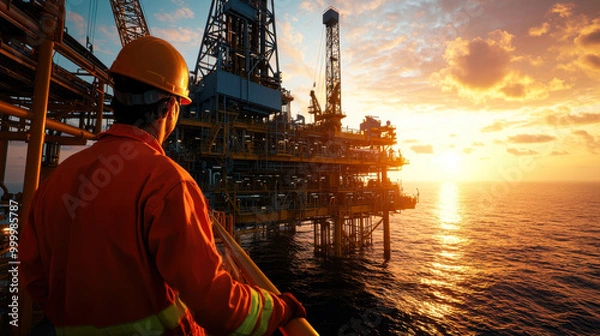 Obraz Worker on oil rig at sunset.