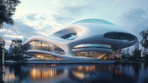 Obraz Futuristic high-tech building with a distinctive, aerodynamic shape and advanced materials