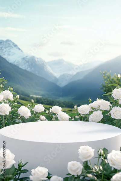 Obraz White empty circular podium with smooth surface surrounded by white roses and greenery against scenic mountain backdrop. Elegant outdoor floral product display background with copy space.