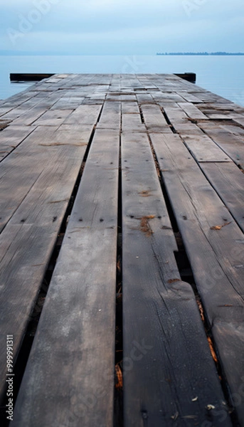 Fototapeta Weathered Wooden Planks at Serene Waterfront Docks