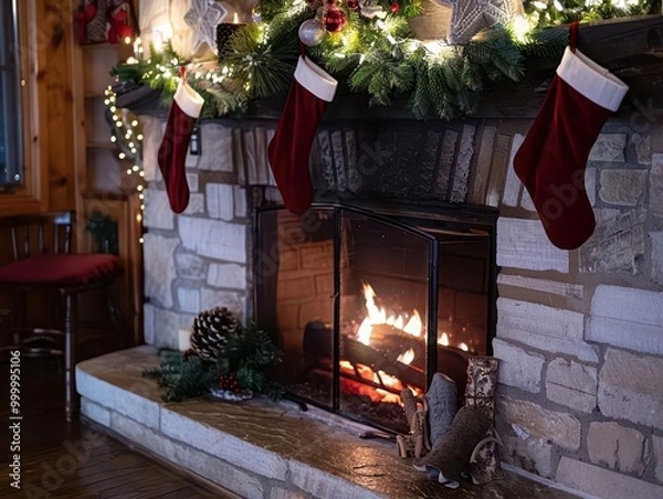 Fototapeta Cozy holiday hearth Intimate view of a crackling fireplace adorned with twinkling lights, stockings, and pine garlands, creating a warm Christmas ambiance
