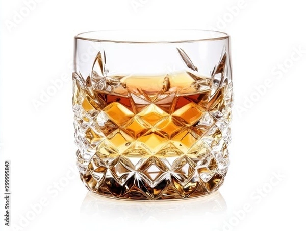 Fototapeta Crystal tumbler filled with amber whiskey, creating mesmerizing reflections. Dramatic lighting, rich golden hues, isolated on stark white for luxury appeal.
