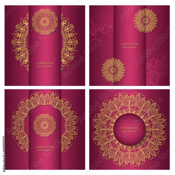 Obraz A golden mandala on a pink background. Set of four square backgrounds with luxurious ethnic ornaments. Design of postcard, invitation, flyer. 