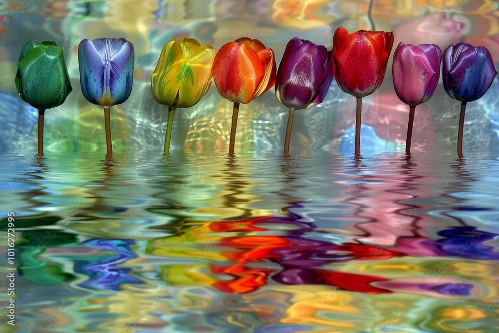 Obraz Tęczowy Świat Tulipanów: Kolorowa Refleksja w Wodzie