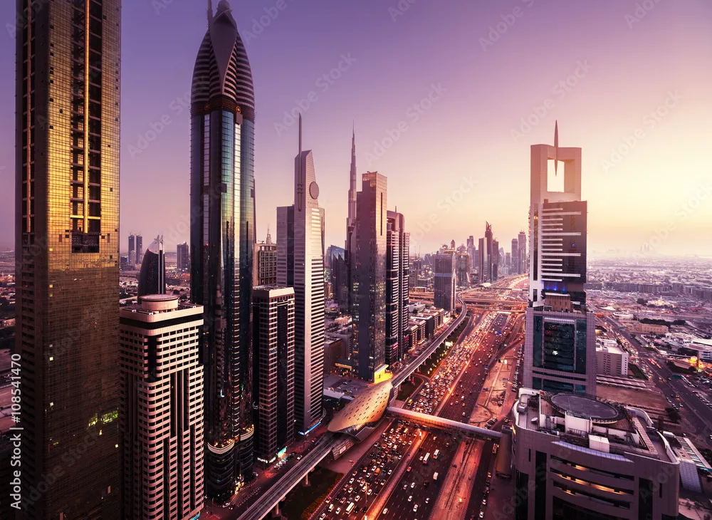 Fototapeta Panoramę Dubaju w czasie zachodu słońca, Zjednoczone Emiraty Arabskie