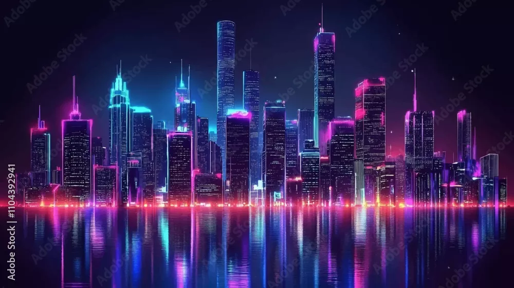 Obraz panorama miasta w neonowych światłach – nowoczesny widok nocą