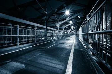 Fototapeta Nastrojowy monochromatyczny widok na chodnik dla pieszych na moście Williamsburg nocą w Nowym Jorku
