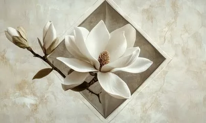 Obraz Biała Magnolia w Geometrycznej Ramie – Wyrafinowana Dekoracja Ścienna
