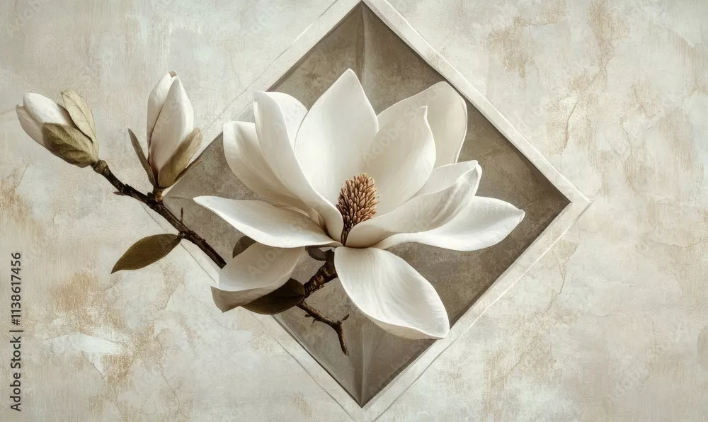 Obraz Biała Magnolia w Geometrycznej Ramie – Wyrafinowana Dekoracja Ścienna