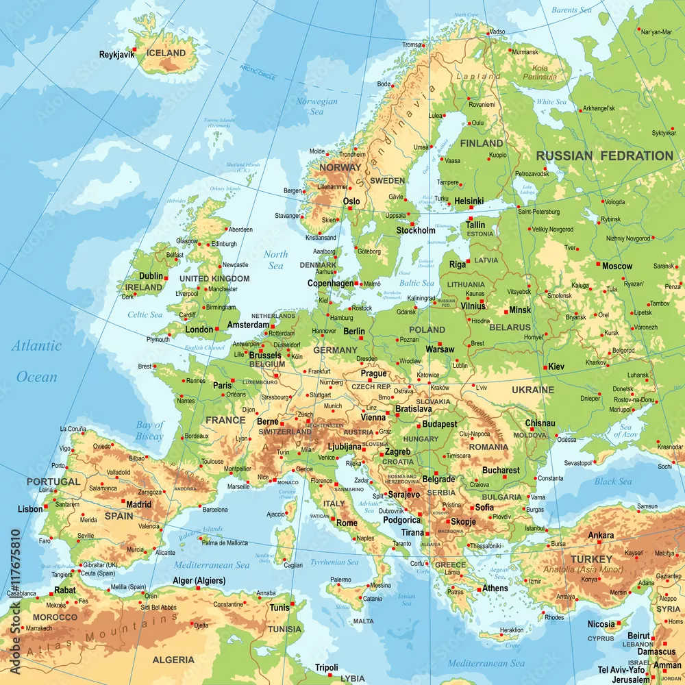 Obraz Mapa Fizyczna Europy