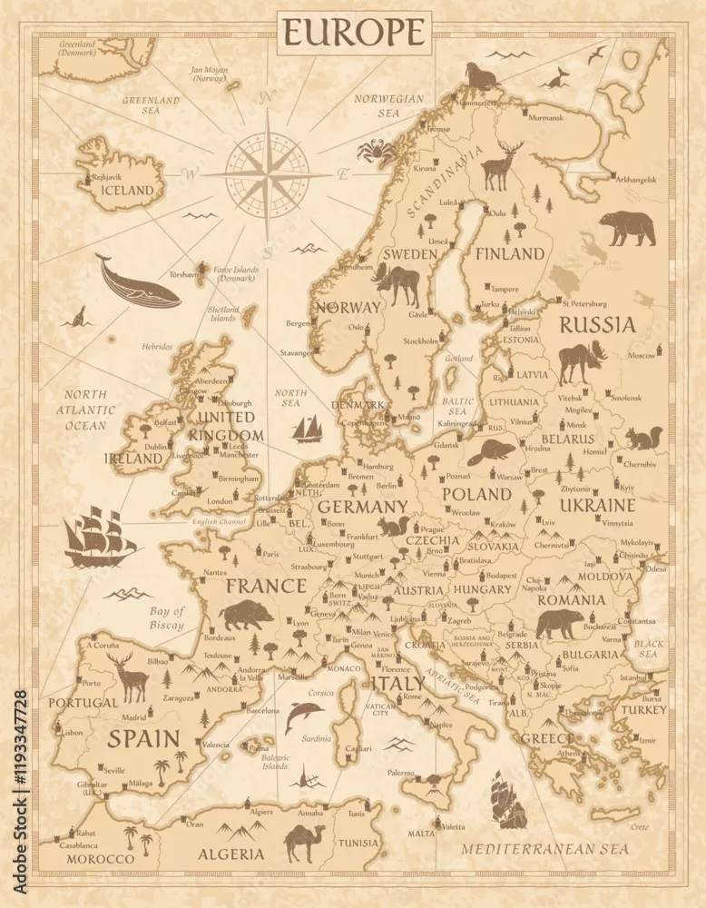 Obraz Mapa Fauny Europy - Ilustrowany Przewodnik po Zwierzętach Kontynentu