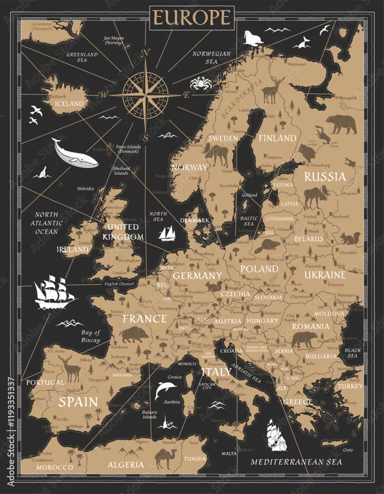 Obraz Mapa Ilustracyjna Europy z Motywami Zwierząt i Statków