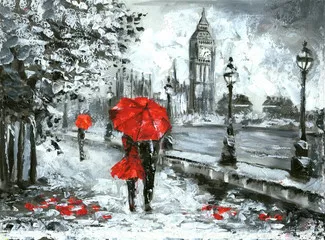 Fototapeta widok na ulicę londynu. Grafika, czarno-biało-czerwona