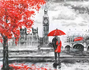 Fototapeta Obraz olejny na płótnie, widok na ulicę Londynu, rzekę i autobus na moście. Grafika Big Ben. mężczyzna i kobieta pod czerwonym parasolem