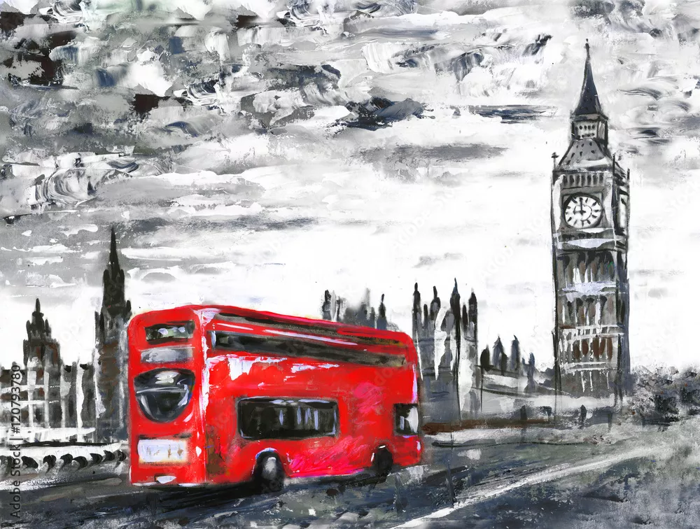 Obraz Ikoniczny Widok Londynu: Czerwony Autobus i Big Ben