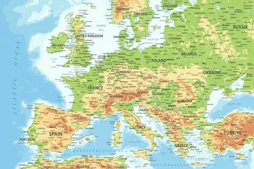 Obraz Mapa Fizyczna Europy: Góry, Rzeki i Morza