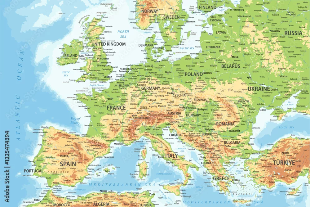 Obraz Mapa Fizyczna Europy: Góry, Rzeki i Morza