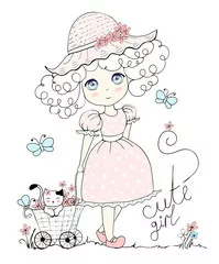 Obraz Cute Girl in a Pastel Dress with Cat and Butterflies