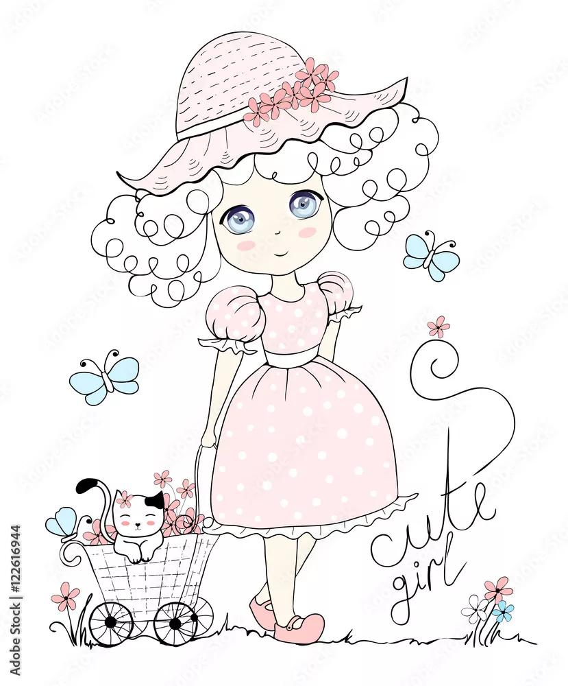 Obraz Cute Girl in a Pastel Dress with Cat and Butterflies