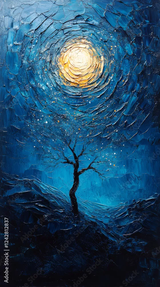 Obraz Nocne Refleksje: Drzewo Pod Gwiaździstym Niebiem