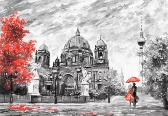 Fototapeta obraz olejny na płótnie, widok na ulicę Berlina, europejski krajobraz artystyczny w kolorze czarnym, białym i czerwonym. mężczyzna i kobieta pod parasolem. Drzewa, katedra, wieża