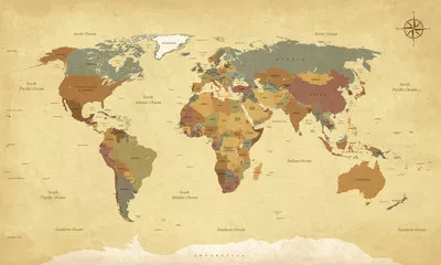Fototapeta Teksturowana mapa świata w stylu vintage - etykiety w języku angielskim / amerykańskim - Vector CMYK