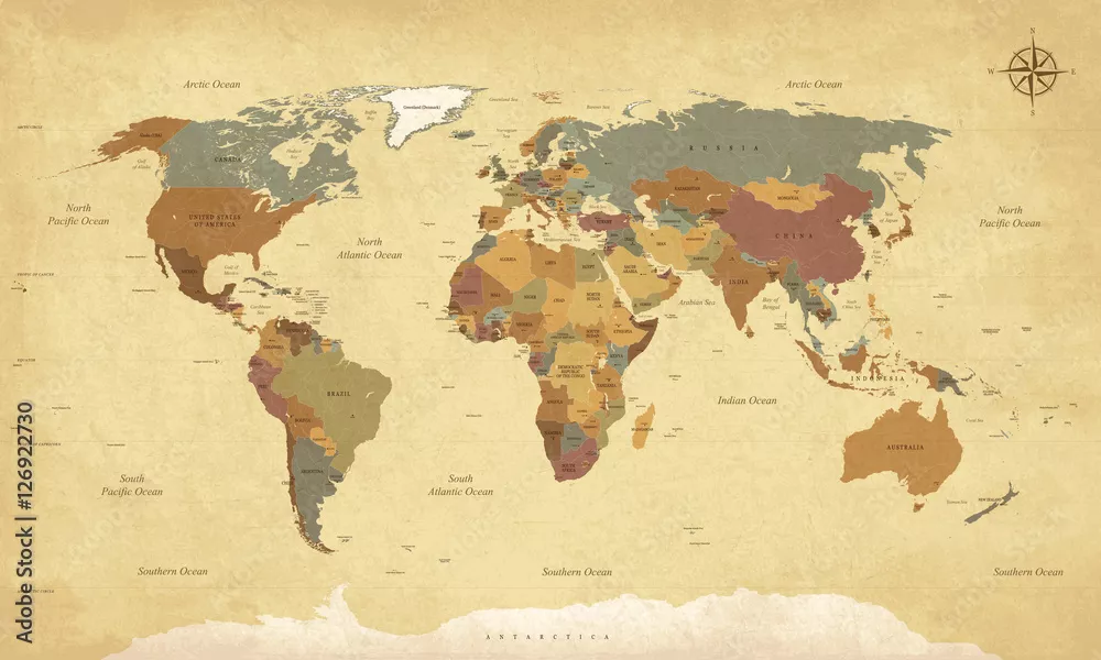 Fototapeta Teksturowana mapa świata w stylu vintage - etykiety w języku angielskim / amerykańskim - Vector CMYK