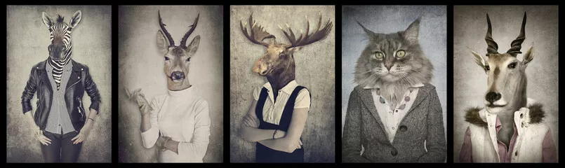 Fototapeta Zwierzęta w ubraniach. Grafika koncepcyjna w stylu vintage. Zebra, dee