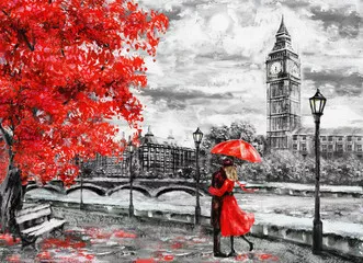 Fototapeta obraz olejny na płótnie, ulica Londynu. Grafika Big Ben. mężczyzna i kobieta pod czerwonym parasolem. Drzewo. Anglia Most i rzeka