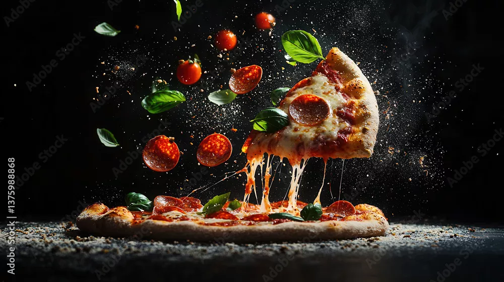 Obraz  Kulinarna Magia: Unoszący się Smakowity Kawałek Pizzy