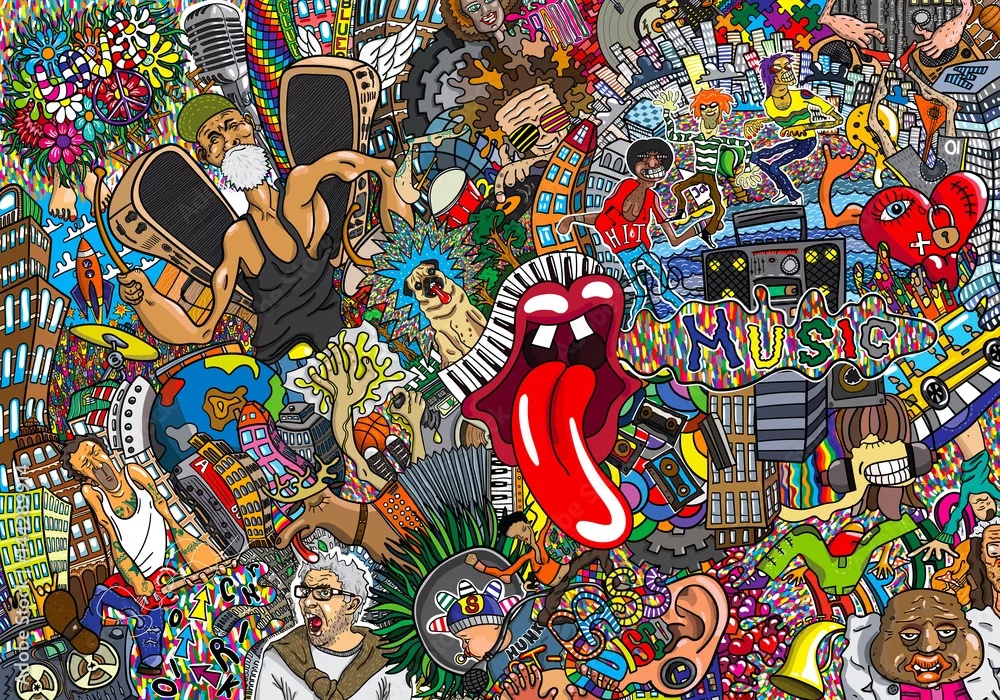 Fototapeta Kolaż muzyki na dużym murem, graffiti