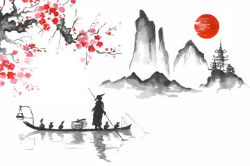 Fototapeta Japonia Tradycyjne malarstwo japońskie Sztuka sumi-e Człowiek z łodzią