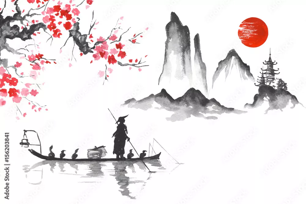 Fototapeta Japonia Tradycyjne malarstwo japońskie Sztuka sumi-e Człowiek z łodzią