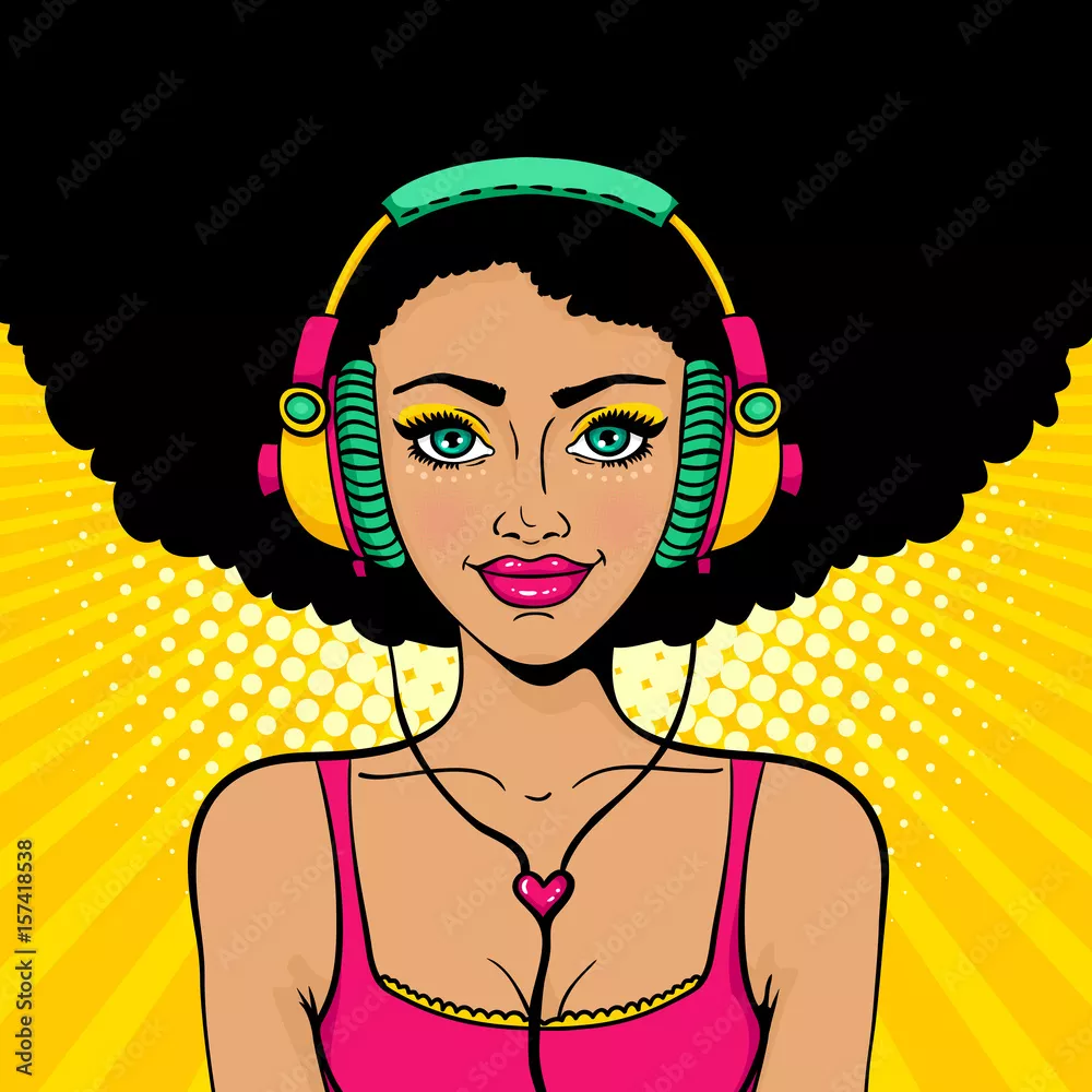 Fototapeta Muzyka pop-art. Młoda seksowna dziewczyna z fryzurą afro w kolorowych słuchawkach, słuchanie muzyki z uśmiechem. Jasne tło wektor w retro komiks stylu pop art. Plakat z zaproszeniem na przyjęcie.