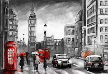 Fototapeta widok na ulicę Londynu. Grafika. Big ben. para i czerwony parasol