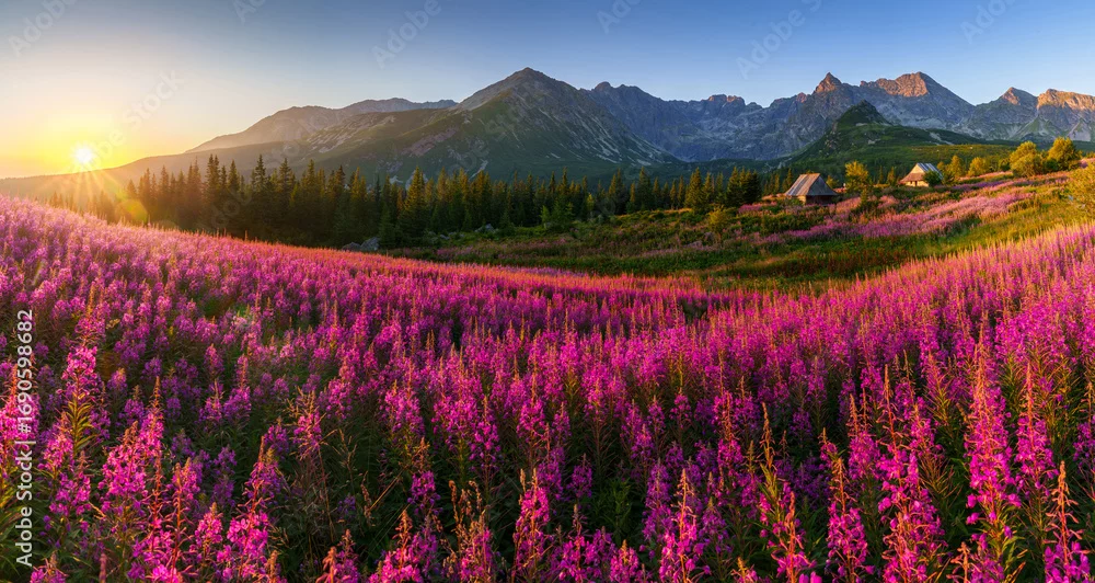 Fototapeta Magia Górskiego Świtu: Kwiatowy Dywan Natury